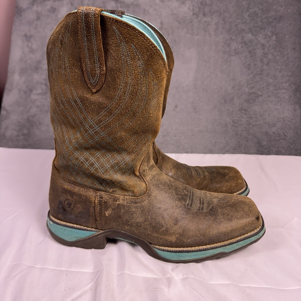 Ariat Boots Womens 12B Anthem 10027247 Brown Suede Turquoise Square Toe Boot